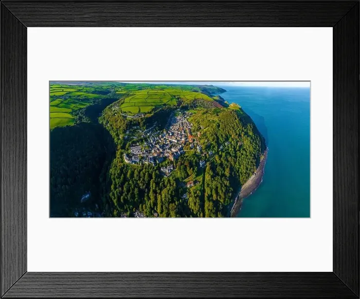 Framed Print : Aerial view of Lynton, a town on the Exmoor coast in the North Devon district in the county of Devon, England Framed Print : Aerial view of Lynton, a town on the Exmoor coast in the North Devon district in the county of Devon, England