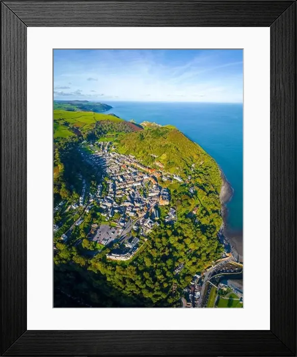 Framed Print : Aerial view of Lynton, a town on the Exmoor coast in the North Devon district in the county of Devon, England Framed Print : Aerial view of Lynton, a town on the Exmoor coast in the North Devon district in the county of Devon, England