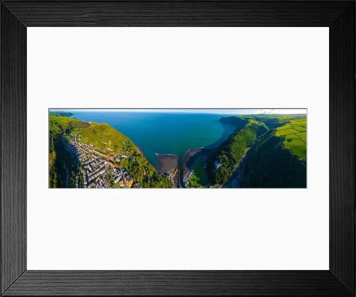 Framed Print : Aerial view of Lynton, a town on the Exmoor coast in the North Devon district in the county of Devon, England Framed Print : Aerial view of Lynton, a town on the Exmoor coast in the North Devon district in the county of Devon, England
