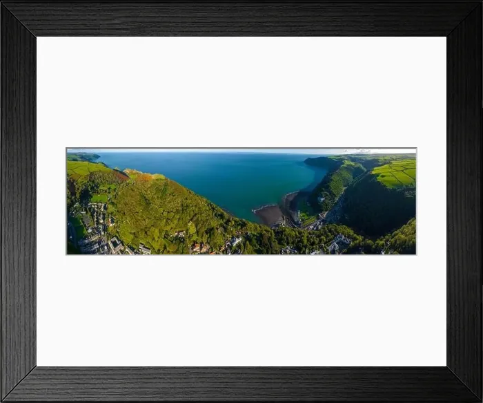 Framed Print : Aerial view of Lynton, a town on the Exmoor coast in the North Devon district in the county of Devon, England Framed Print : Aerial view of Lynton, a town on the Exmoor coast in the North Devon district in the county of Devon, England