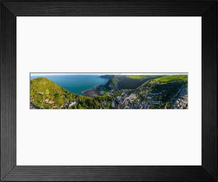 Framed Print : Aerial view of Lynton, a town on the Exmoor coast in the North Devon district in the county of Devon, England Framed Print : Aerial view of Lynton, a town on the Exmoor coast in the North Devon district in the county of Devon, England