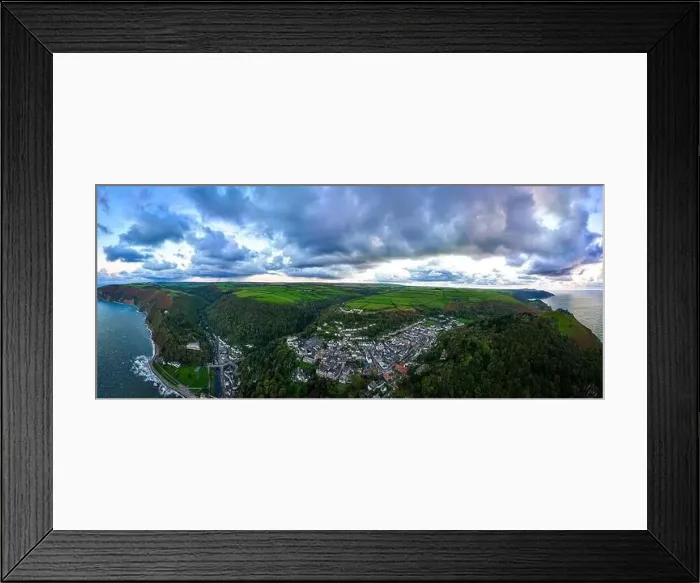 Framed Print : Aerial view of Lynton, a town on the Exmoor coast in the North Devon district in the county of Devon, England Framed Print : Aerial view of Lynton, a town on the Exmoor coast in the North Devon district in the county of Devon, England