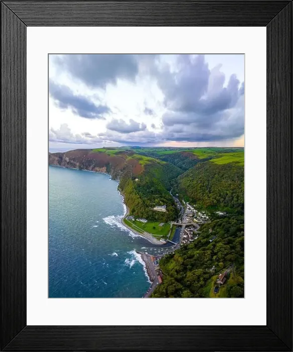 Framed Print : Aerial view of Lynton, a town on the Exmoor coast in the North Devon district in the county of Devon, England Framed Print : Aerial view of Lynton, a town on the Exmoor coast in the North Devon district in the county of Devon, England