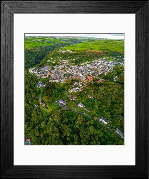Framed Print : Aerial view of Lynton, a town on the Exmoor coast in the North Devon district in the county of Devon, England Framed Print : Aerial view of Lynton, a town on the Exmoor coast in the North Devon district in the county of Devon, England