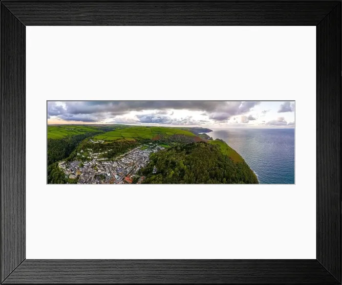 Framed Print : Aerial view of Lynton, a town on the Exmoor coast in the North Devon district in the county of Devon, England Framed Print : Aerial view of Lynton, a town on the Exmoor coast in the North Devon district in the county of Devon, England