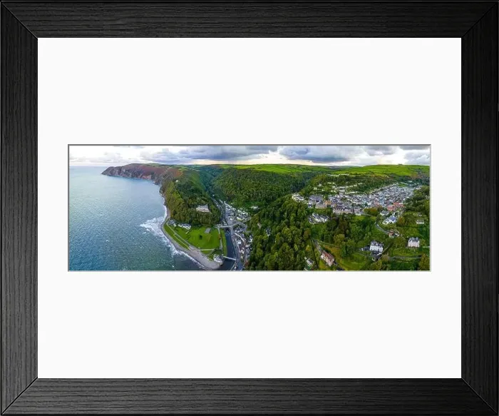 Framed Print : Aerial view of Lynton, a town on the Exmoor coast in the North Devon district in the county of Devon, England Framed Print : Aerial view of Lynton, a town on the Exmoor coast in the North Devon district in the county of Devon, England