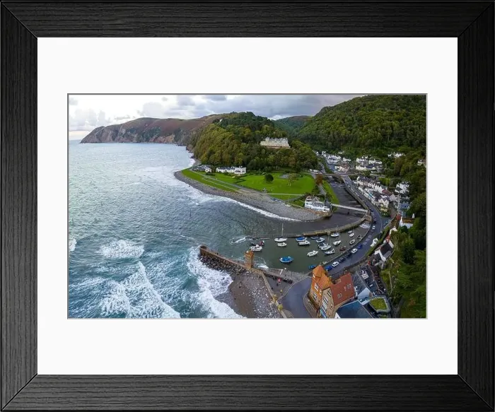 Framed Print : Aerial view of Lynmouth, a small village on the Exmoor coast in the North Devon district in the county of Devon, England Framed Print : Aerial view of Lynmouth, a small village on the Exmoor coast in the North Devon district in the county of Devon, England