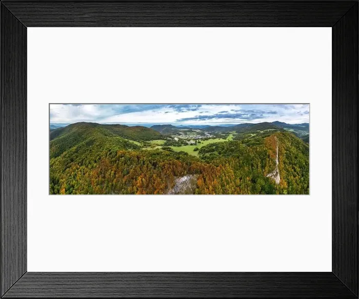 Framed Print : Drone mountain panorama with autumn forest, Mojtin Framed Print : Drone mountain panorama with autumn forest, Mojtin