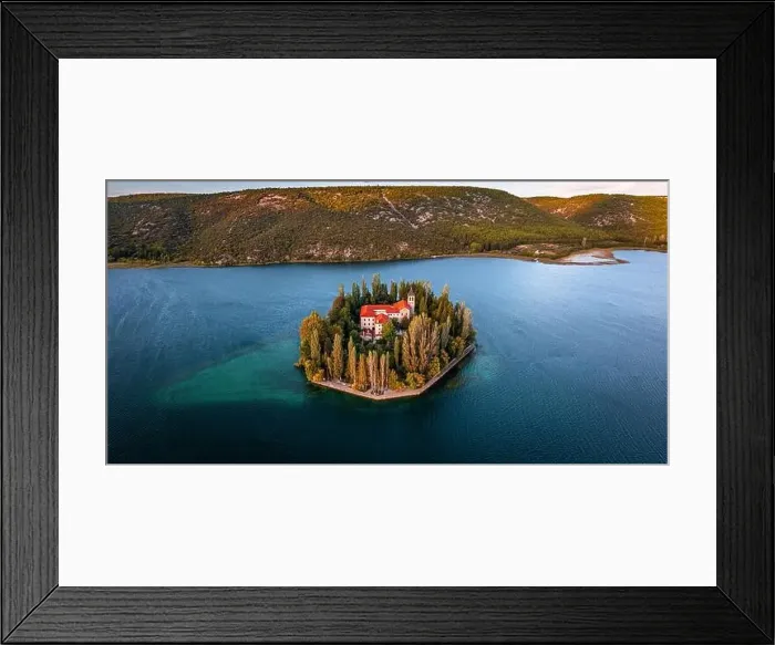 Framed Print : Visovac, Croatia - Aerial panoramic view of Visovac Christian monastery island in Krka National Park on a sunny autumn Framed Print : Visovac, Croatia - Aerial panoramic view of Visovac Christian monastery island in Krka National Park on a sunny autumn