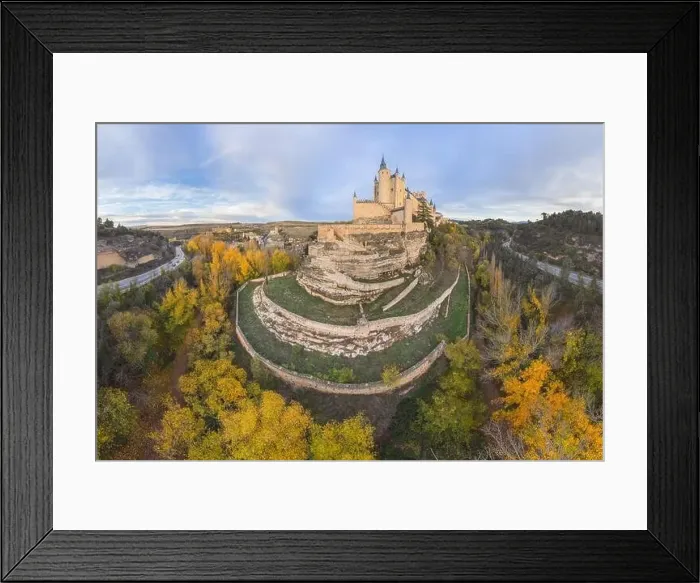 Framed Print : From above aerial view of medieval castle Alcazar of Segovia Spain located on hill with autumn trees next to meandering Framed Print : From above aerial view of medieval castle Alcazar of Segovia Spain located on hill with autumn trees next to meandering
