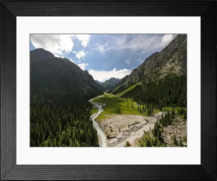 Framed Print : Mountain river and forest in summer Kyrgyzstan. Background with mountain view from drone Framed Print : Mountain river and forest in summer Kyrgyzstan. Background with mountain view from drone