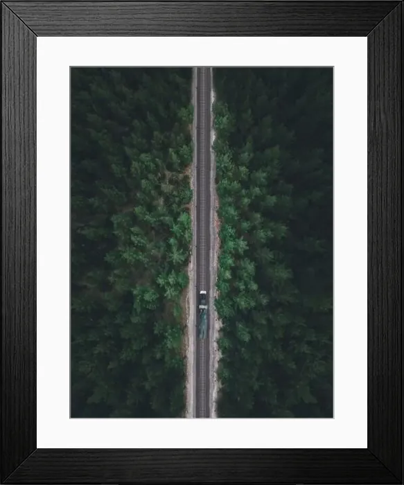 Framed Print : Aerial view of the locomotive traveling on the railway through the forest in autumn, shot by drone with motion blur Framed Print : Aerial view of the locomotive traveling on the railway through the forest in autumn, shot by drone with motion blur