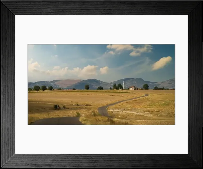 Framed Print : Turkish village. Asphalt road from the crop fields to the village. Autumn season. Anatolian geography. Usak province Framed Print : Turkish village. Asphalt road from the crop fields to the village. Autumn season. Anatolian geography. Usak province
