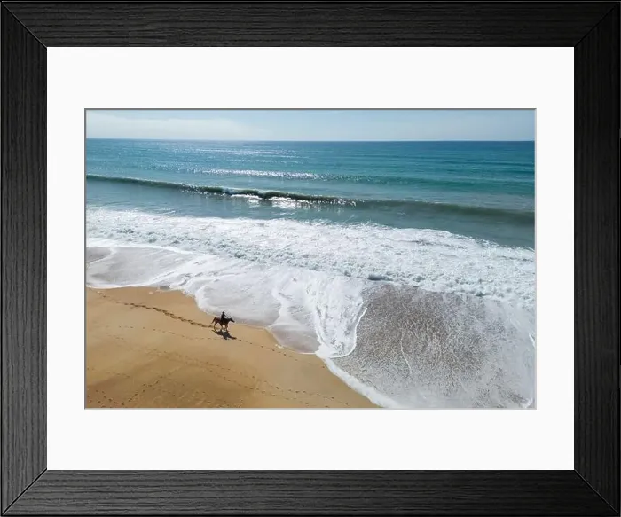 Framed Print : Horseback riding for a solitary rider on a Landes beach (Sea, Tarnos (40220), Landes (40), Nouvelle-Aquitaine, France) Framed Print : Horseback riding for a solitary rider on a Landes beach (Sea, Tarnos (40220), Landes (40), Nouvelle-Aquitaine, France)