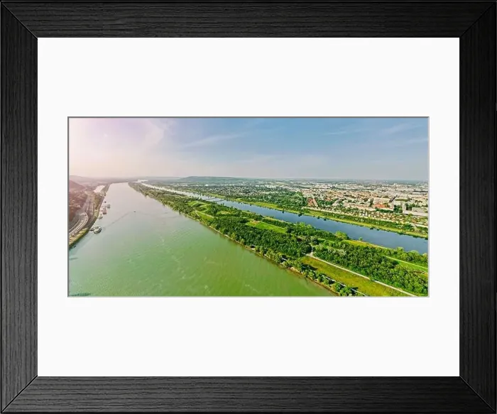 Framed Print : Panoramic Aerial drone view of Danube river in Vienna Austria cityscape with danube island Framed Print : Panoramic Aerial drone view of Danube river in Vienna Austria cityscape with danube island