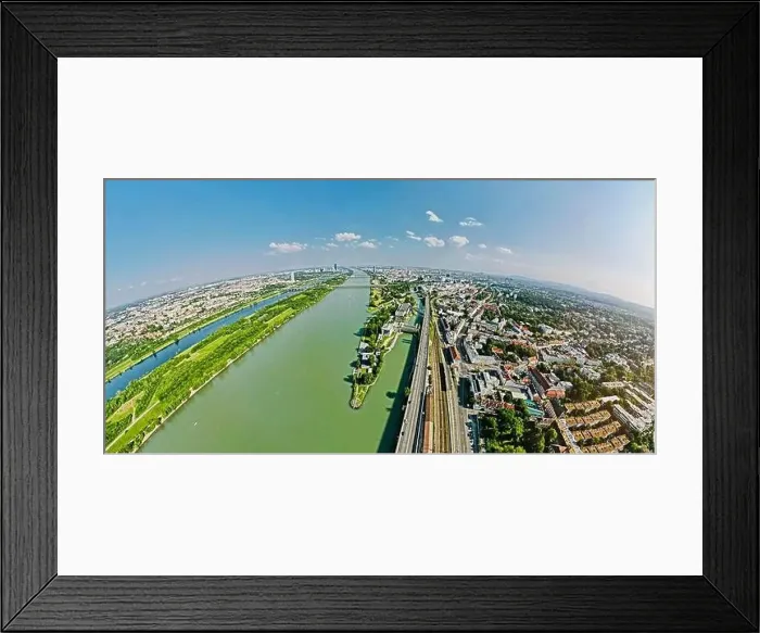 Framed Print : Fisheye Aerial drone view of Danube river in Vienna Austria cityscape with danube island Framed Print : Fisheye Aerial drone view of Danube river in Vienna Austria cityscape with danube island