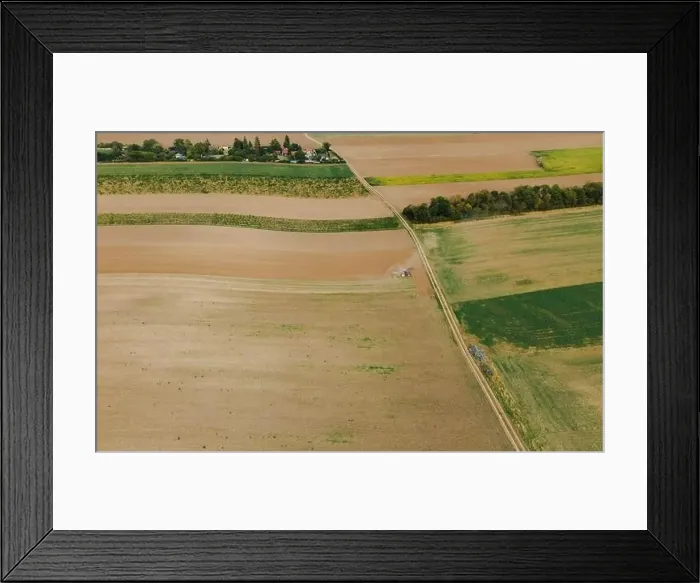 Framed Print : Drone view down on agriculture crop land with wheat fields Vineyards and Tractor