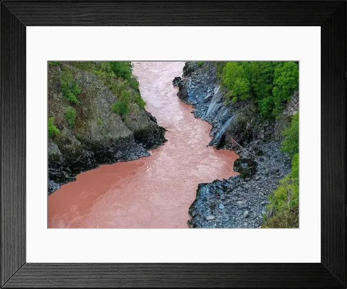 Framed Print : Aerial view of the Bulkley River by Hagwilget Canyon Suspension Bridge, Hagwilget, British Columbia, Canada