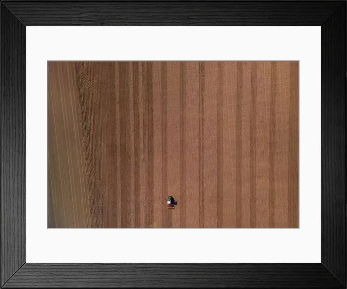 Framed Print : A small lonely tractor with plow on a large brown field with plowed earth seen directly from above Framed Print : A small lonely tractor with plow on a large brown field with plowed earth seen directly from above