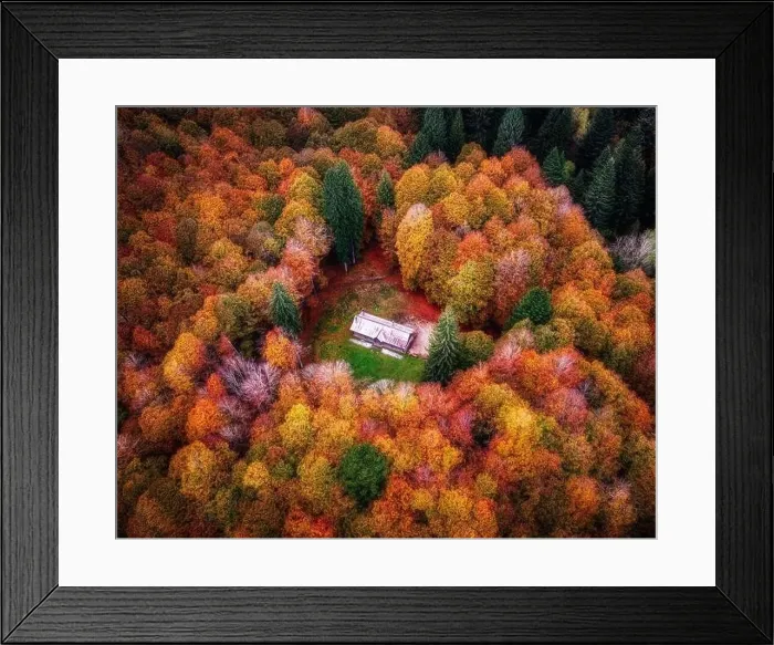Framed Print : Aerial view of a house in a clearing inside the Cansiglio forest (veneto, Italy) at sunset during autumn foliage Framed Print : Aerial view of a house in a clearing inside the Cansiglio forest (veneto, Italy) at sunset during autumn foliage