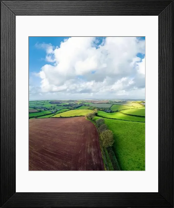 Framed Print : Lights and Shadows over Fields and Farms from a drone, Devon, England, Europe Framed Print : Lights and Shadows over Fields and Farms from a drone, Devon, England, Europe