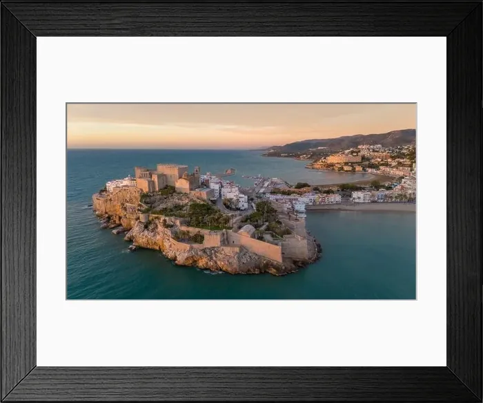 Framed Print : Aerial drone photo of the peninsula and old town centre of Peniscola Framed Print : Aerial drone photo of the peninsula and old town centre of Peniscola