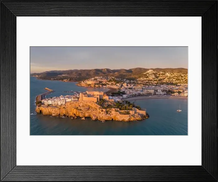 Framed Print : Aerial drone photo of the peninsula and old town centre of Peniscola Framed Print : Aerial drone photo of the peninsula and old town centre of Peniscola