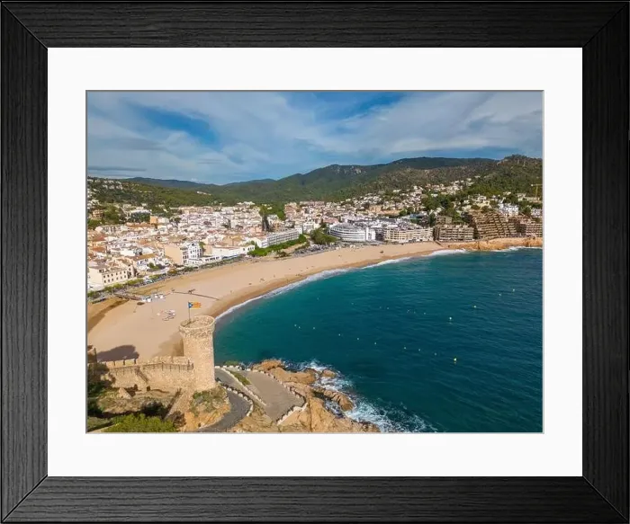 Framed Print : Aerial drone view of the coastal town named Tossa de Mar with a beach and castle Framed Print : Aerial drone view of the coastal town named Tossa de Mar with a beach and castle