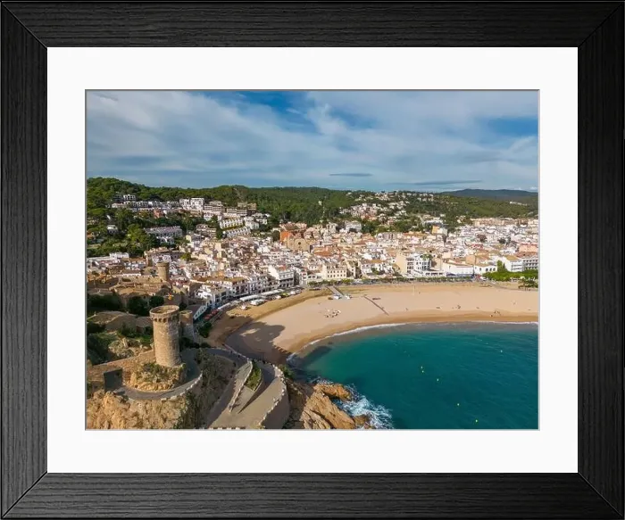 Framed Print : Aerial drone view of the coastal town named Tossa de Mar with a beach and castle Framed Print : Aerial drone view of the coastal town named Tossa de Mar with a beach and castle