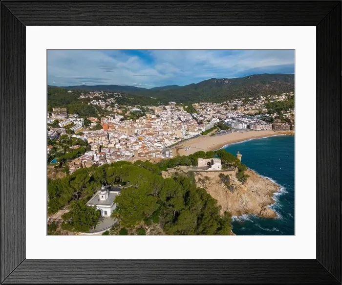 Framed Print : Aerial drone view of the coastal town named Tossa de Mar with a beach and castle Framed Print : Aerial drone view of the coastal town named Tossa de Mar with a beach and castle