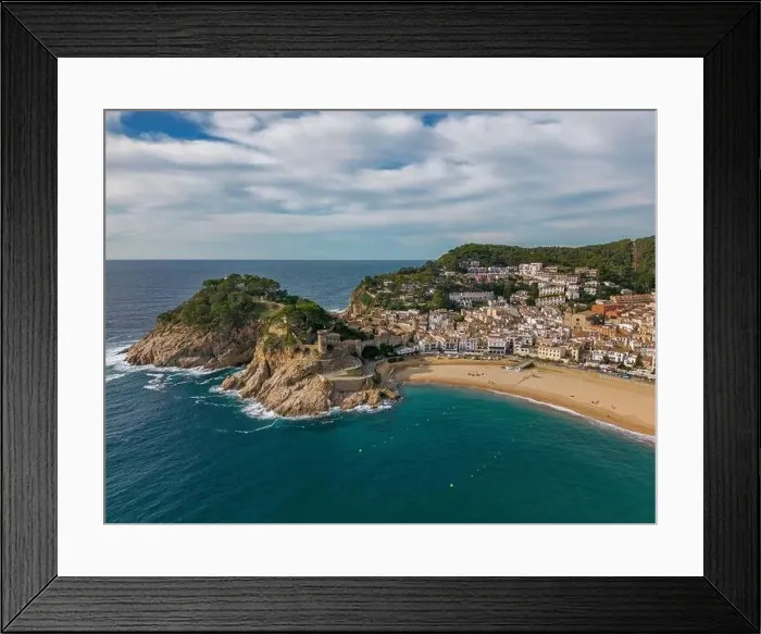 Framed Print : Aerial drone view of the coastal town named Tossa de Mar with a beach and castle Framed Print : Aerial drone view of the coastal town named Tossa de Mar with a beach and castle