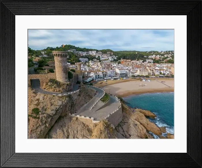 Framed Print : Aerial drone view of the coastal town named Tossa de Mar with a beach and castle