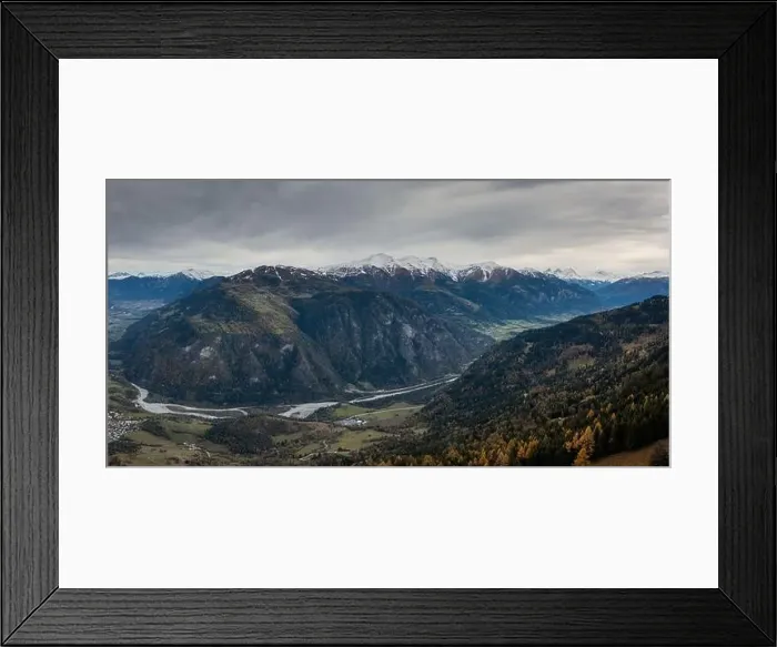 Framed Print : panorama mountain landscape with the Rhine river in the Swiss Alps in late autumn Framed Print : panorama mountain landscape with the Rhine river in the Swiss Alps in late autumn