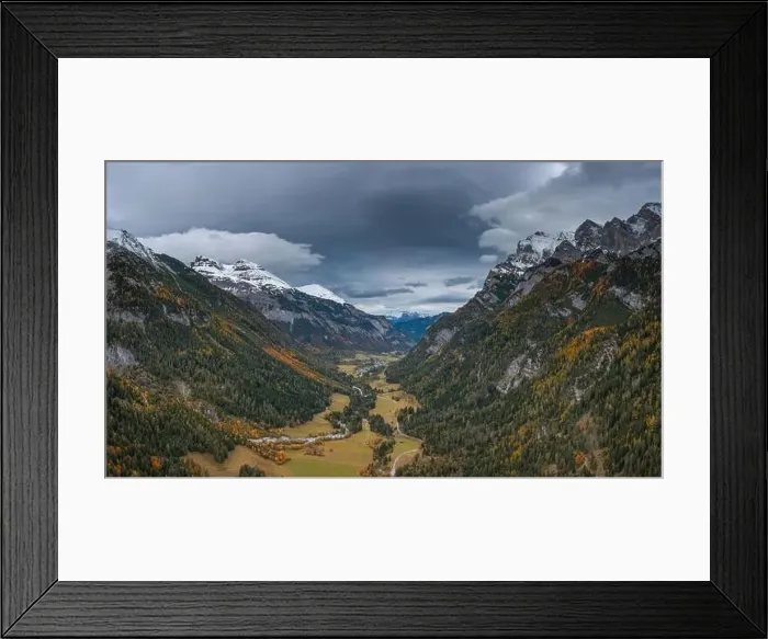 Framed Print : An aerial view of the Tamina Valley in late autumn with the first snow on the mountain tops Framed Print : An aerial view of the Tamina Valley in late autumn with the first snow on the mountain tops