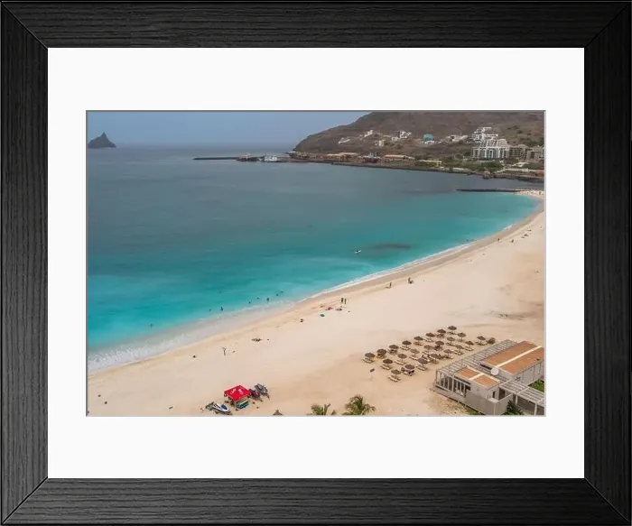 Framed Print : Aerial view of turquoise Laginha beach with white sand in Mindelo city in Sao Vicente Island in Cape Verde Framed Print : Aerial view of turquoise Laginha beach with white sand in Mindelo city in Sao Vicente Island in Cape Verde