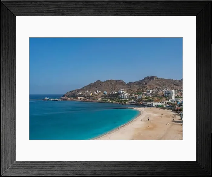 Framed Print : Aerial view of turquoise Laginha beach in Mindelo city in Sao Vicente Island in Cape Verde Framed Print : Aerial view of turquoise Laginha beach in Mindelo city in Sao Vicente Island in Cape Verde