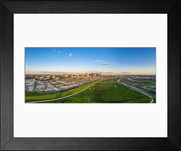 Framed Print : Panoramic aerial drone picture of Dallas skyline and Trammel Crow Park at sunset in winter Framed Print : Panoramic aerial drone picture of Dallas skyline and Trammel Crow Park at sunset in winter