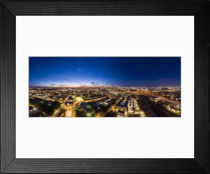 Framed Print : Panoramic aerial view on the city of Fort Worth during sunset with final afterglow Framed Print : Panoramic aerial view on the city of Fort Worth during sunset with final afterglow