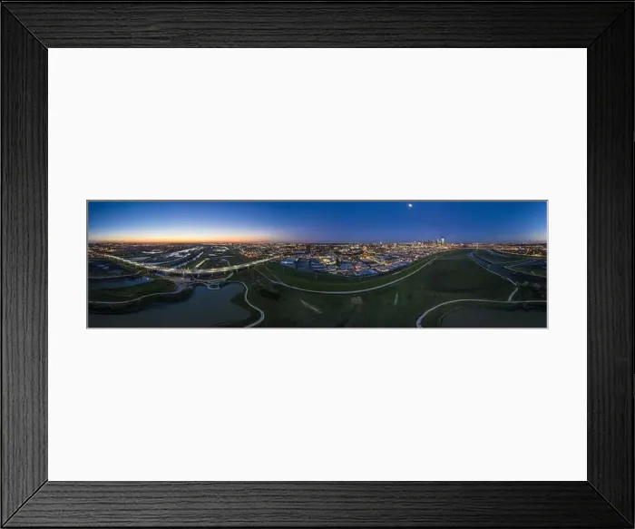 Framed Print : Panoramic aerial drone picture of Dallas skyline and Trammel Crow Park at sunset Framed Print : Panoramic aerial drone picture of Dallas skyline and Trammel Crow Park at sunset