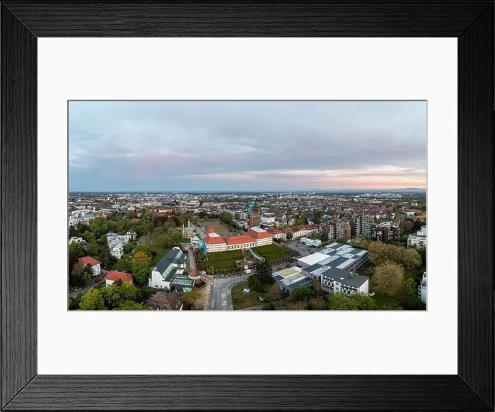 Framed Print : Drone panorama of the Hessian university city Darmstadt in Germany in the morning light Framed Print : Drone panorama of the Hessian university city Darmstadt in Germany in the morning light