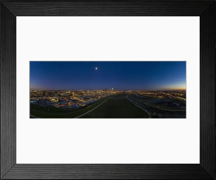 Framed Print : Panoramic aerial drone picture of Dallas skyline and Trammel Crow Park at sunset