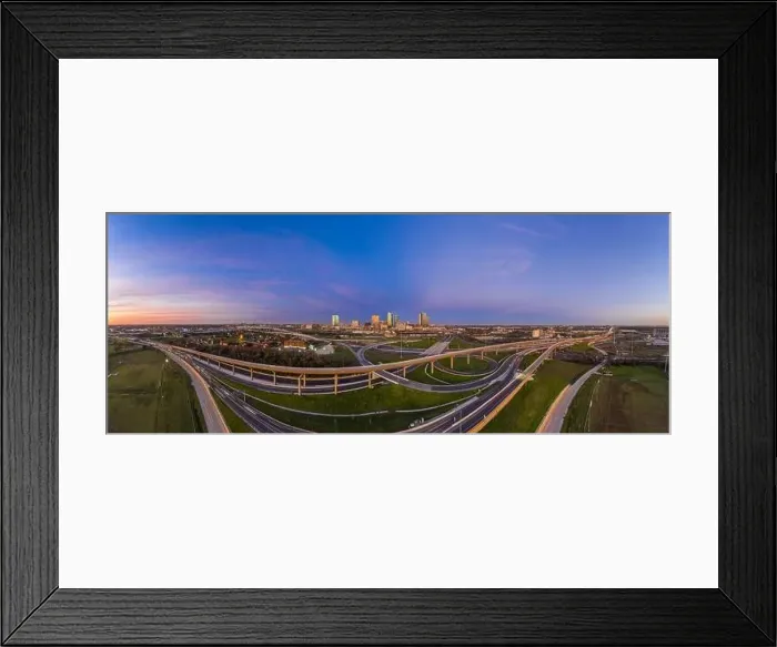 Framed Print : Aerial panorama picture of the Fort Worth skyline at sunrise with highway intersection