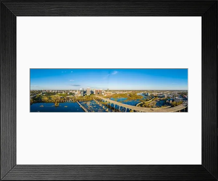Framed Print : Aerial panorama print of Richmond Virginia 2023. View of city and James River Framed Print : Aerial panorama print of Richmond Virginia 2023. View of city and James River