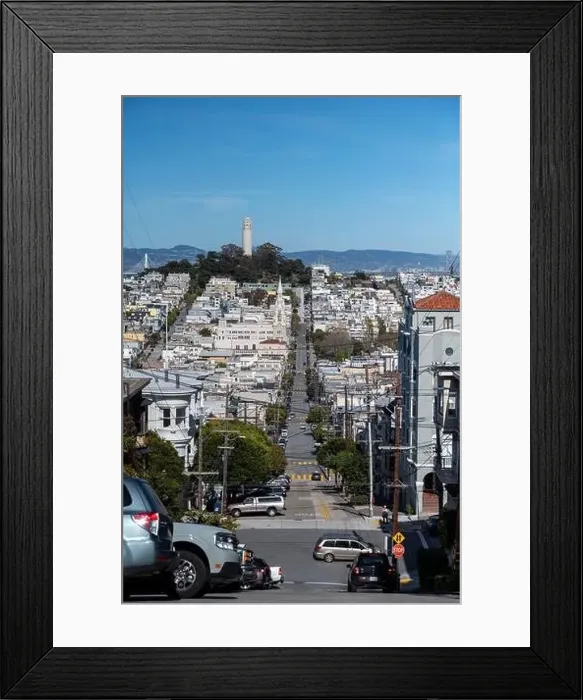 Framed Print : San Francisco, California - April 27, 2023: View of cityscape against blue sky during sunny day Framed Print : San Francisco, California - April 27, 2023: View of cityscape against blue sky during sunny day
