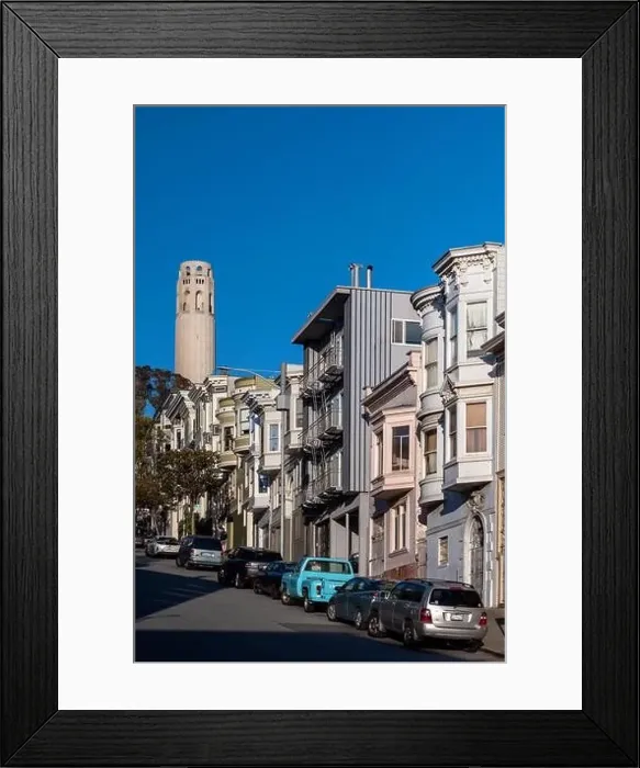 Framed Print : San Francisco, California - April 27, 2023: View Coit Tower and cityscape against blue sky during sunny day Framed Print : San Francisco, California - April 27, 2023: View Coit Tower and cityscape against blue sky during sunny day