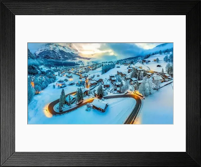 Framed Print : Panorama of Grindelwald at twilight in winter, Switzerland Framed Print : Panorama of Grindelwald at twilight in winter, Switzerland
