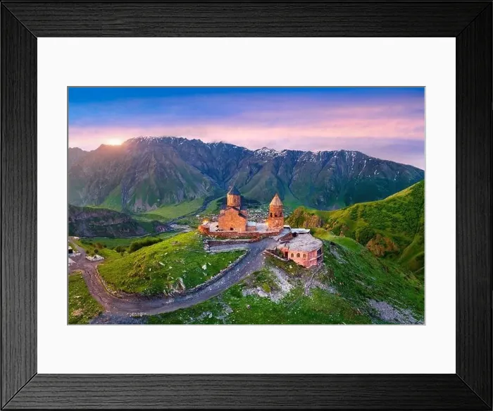 Framed Print : Aerial view of Gergeti trinity church at sunrise in Georgia Framed Print : Aerial view of Gergeti trinity church at sunrise in Georgia