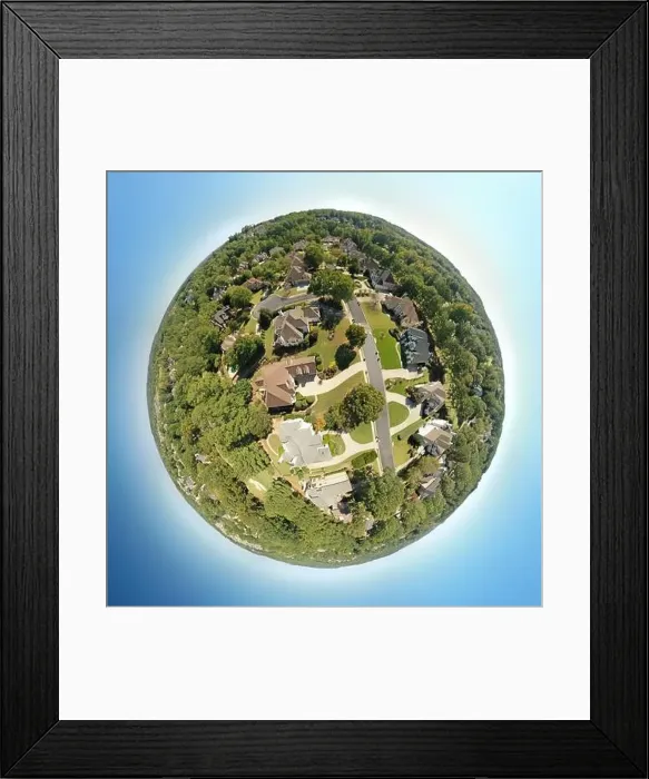 Framed Print : 360 degree tiny planet view of an upscale suburbs in USA Framed Print : 360 degree tiny planet view of an upscale suburbs in USA