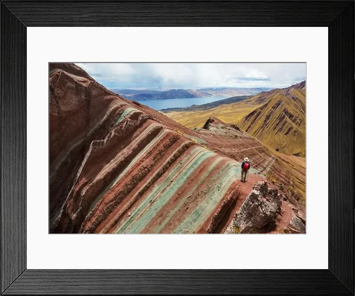 Framed Print : Hiker in Pallay Poncho, alternative Rainbow mountains Framed Print : Hiker in Pallay Poncho, alternative Rainbow mountains