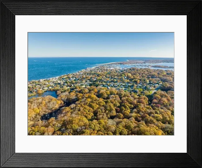 Framed Print : aerial view of Culloden point and montauk harbor beyond Framed Print : aerial view of Culloden point and montauk harbor beyond